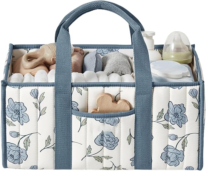 Quilted Fabric Storage Basket Floral Baby Diaper Caddy Quilted Basket for Nursery Bedroom Car Storage (L- Blue 02)
