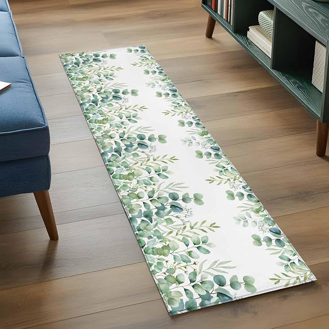 Sage Green Eucalyptus Leaves 2x6 Kitchen Runner Rug, Farmhouse Botanical Non-Skid Rubber Backing Large Rectangle Rugs - Living Room Bedroom Home Office, Country Indoor Floor Mat Carpets Washable Rug