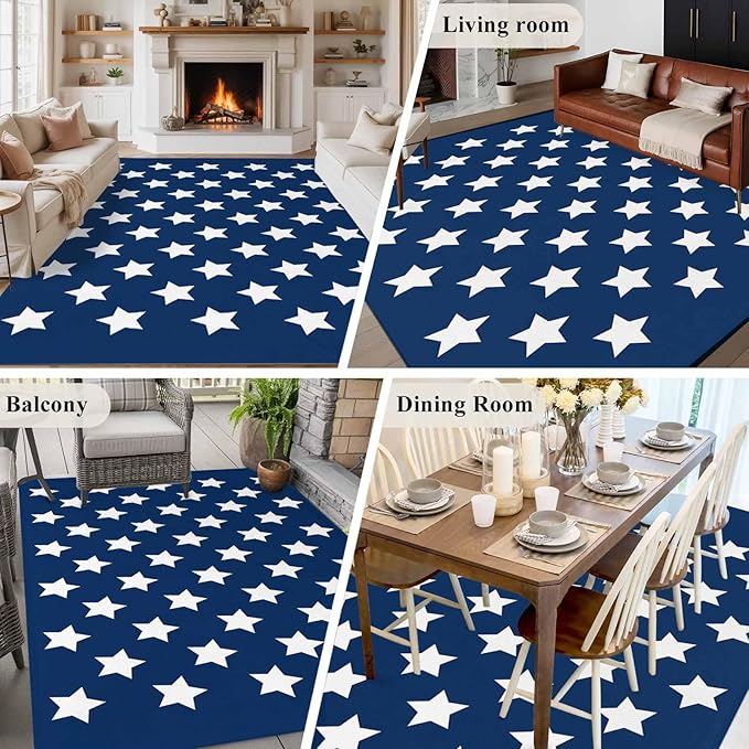 Area Rug 6x9ft, 4th of July White Star on Navy Blue Washable Rugs for Living Room Bedroom, Independence Freedom Liberty Soft Non-Slip Area Rugs Rectangle Floor Carpet for Dining Room