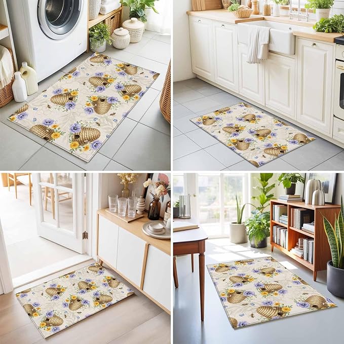 Area Rug 2x3ft, Garden Beehives Honeybees Washable Rugs for Living Room Bedroom, Country Purple Floral Soft Non-Slip Area Rugs Rectangle Floor Carpet for Dining Room