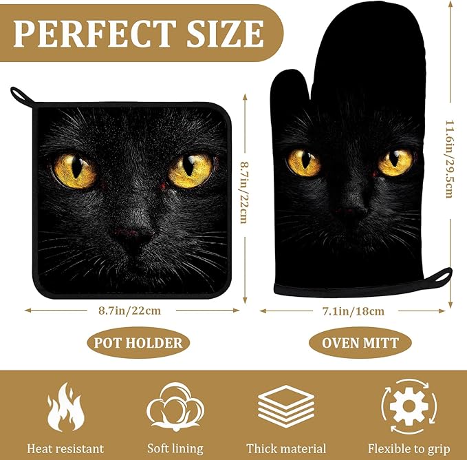 Black Cat Eyes Oven Mitts and Pot Holders Sets 4Pcs Animal Face Silicone Kitchen Gloves Heat Resistant Potholders for Baking Cooking Grilling BBQ
