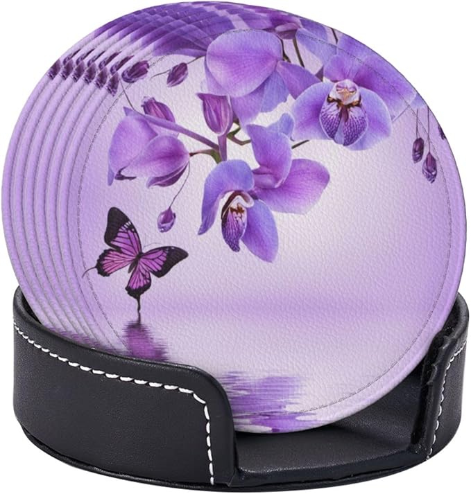 Famame 6 Pcs Orchid Purple Butterfly Leather Coasters for Drinks with Holder Coaster Sets Drink Table Cup Coasters for Living Room Kitchen Coffee Decor