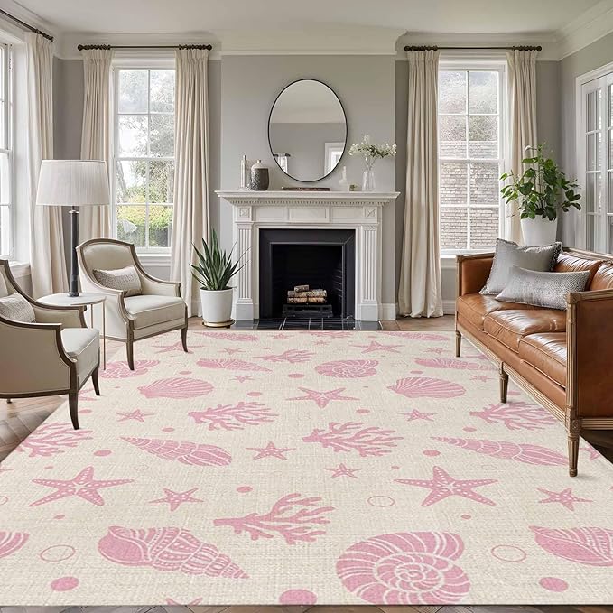 Area Rug 9x12ft, Ocean Pink Shell Coral Conch Washable Rugs for Living Room Bedroom Rectangle Floor Carpet, Marine Starfish on Farm Burlap Soft Non-Slip Area Rugs for Dining Room