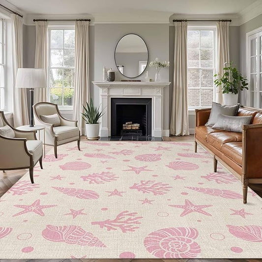 Area Rug 9x12ft, Ocean Pink Shell Coral Conch Washable Rugs for Living Room Bedroom Rectangle Floor Carpet, Marine Starfish on Farm Burlap Soft Non-Slip Area Rugs for Dining Room