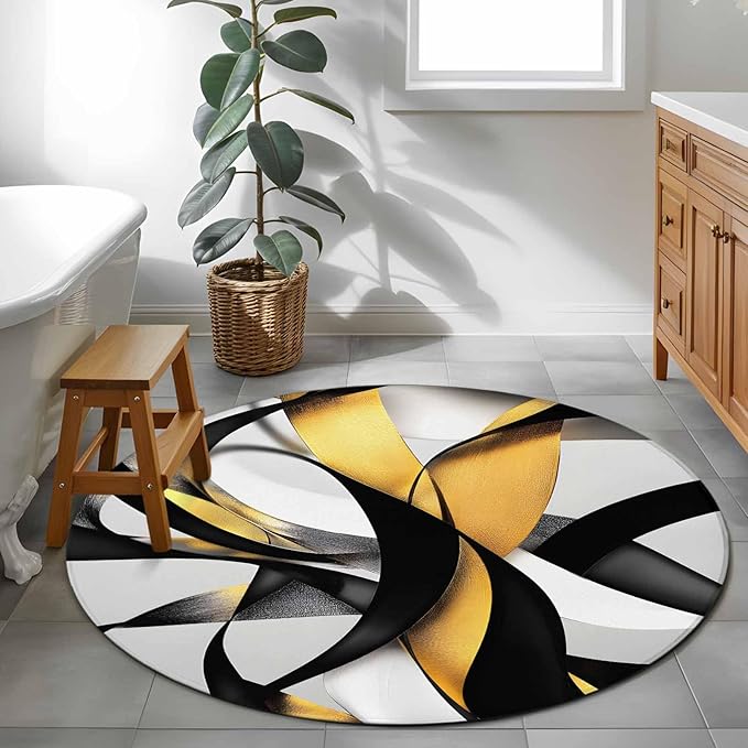 Washable Round Area Rug Modern Geometric Stripe Texture Circle Rugs Floor Carpet for Living Room Bedroom, Abstract Gold Black White Line Soft Non Slip Round Rug 3ft