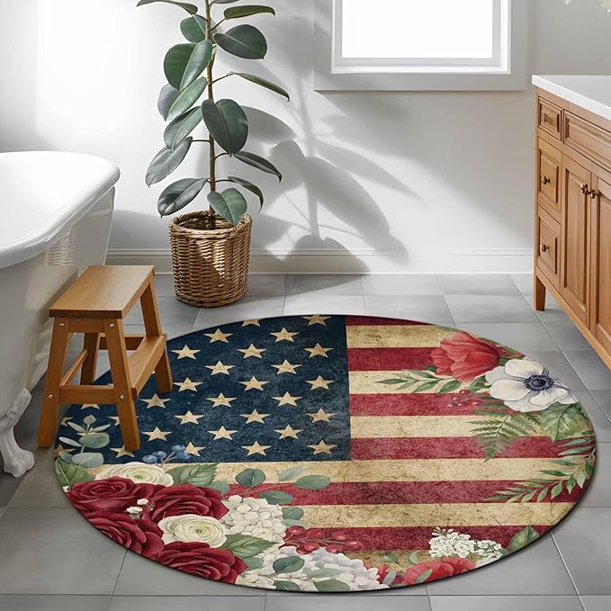 Washable Round Area Rug Independence Day 250th Anniversary Circle Rugs Floor Carpet for Living Room Bedroom, Vintage USA Flag Floral Soft Non Slip Round Rug 3ft