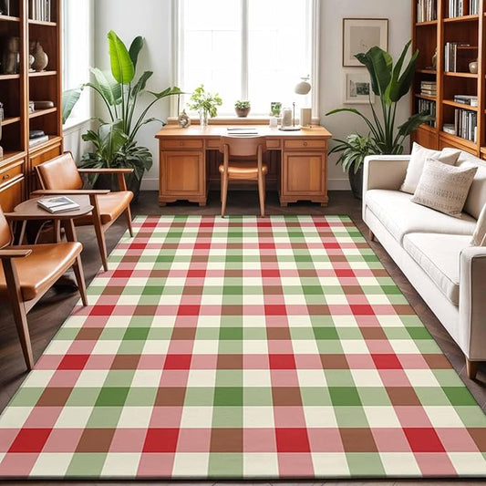 Area Rug 3x5ft, Vintage Pastoral Red Green Buffalo Gingham Washable Rugs for Living Room Bedroom, Christmas Plaid Soft Non-Slip Area Rugs Rectangle Floor Carpet for Dining Room