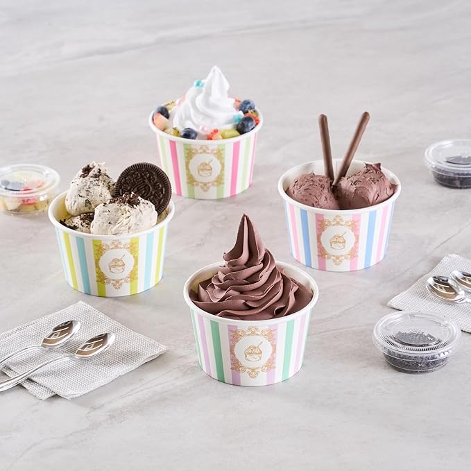 Coppetta 8 Ounce Dessert Cups, 200 Greaseproof Ice Cream Cups - Lids Sold Separately, For Hot And Cold Foods, Purple And Blue Stripe Paper Yogurt Bowls, Disposable, Sturdy - Restaurantware