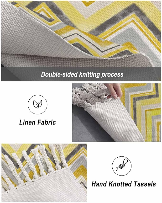 Kitchen Runner Rugs, Yellow Gray Gradient Zigzag Stripe 3'x5' Throw Rug with Tassels, Nordic Style Abstract Art Washable Soft Floor Carpet Runner for Hallway Bedroom Bathroom Laundry Room