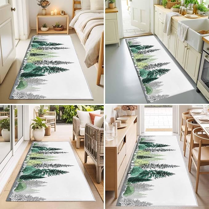 Runner Rug for Bedroom Hallway, Minimalist Pine Tree Kitchen Runner Rugs Area Rug 2x6ft, Farmhouse Watercolor Plants Washable Soft Floor Carpet for Entryway Stair