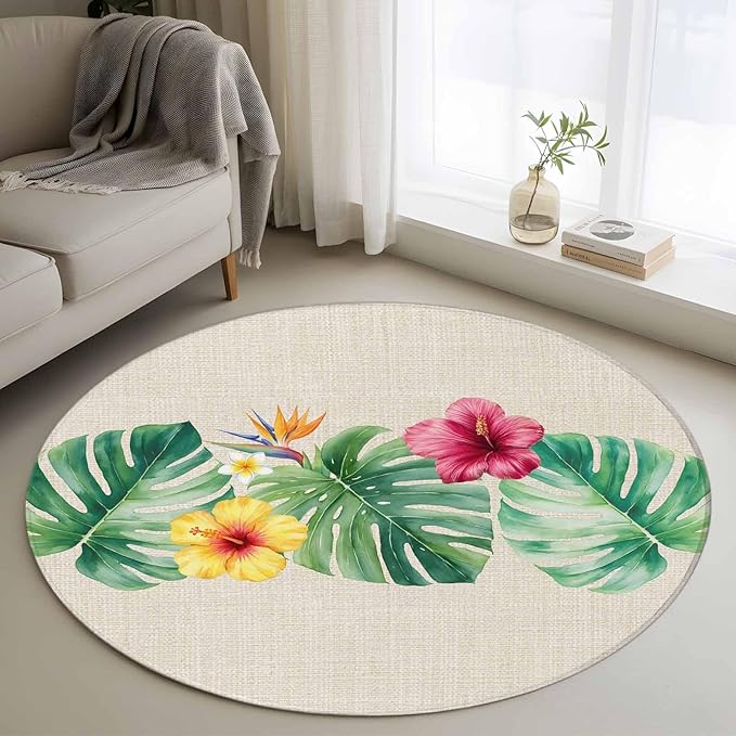 Washable Round Area Rug Country Monstera Hibiscus Foliage Circle Rugs Floor Carpet for Living Room Bedroom, Tropical Plant Vintage Linen Soft Non Slip Round Rug 3ft
