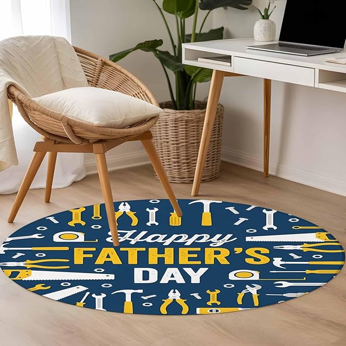 Father's Day Round Rug 3 ft Hand Tools Workshop Equipment Soft Area Rug for Living Room Washable Non-Slip Carpet Indoor Mat for Bedroom Dining Room Holiday Decor