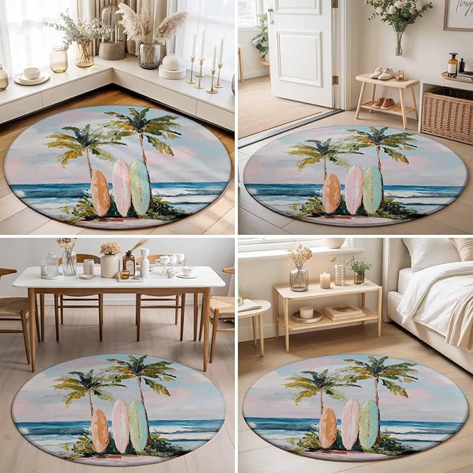 Washable Round Area Rug Summer Blue Ocean Surfboard Circle Rugs Floor Carpet for Living Room Bedroom, Tropical Plant Palm Tree Soft Non Slip Round Rug 5ft