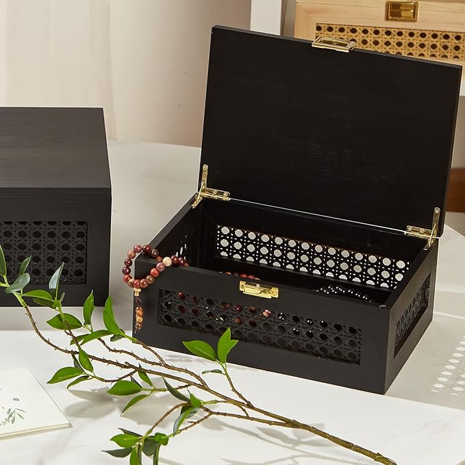 Decorative Rattan Storage Boxes Solid Wood Woven Baskets Bins with Lid Keepsake Memory Jewelry Box Natural Boho Shelf Wicker Closet Desk Organizer Container (Black, Small Size)