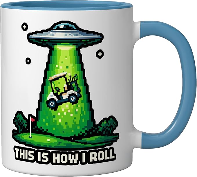 This Is How I Roll Golf UFO Abduction Funny Pixel Art Ceramic Mug, Blue/White