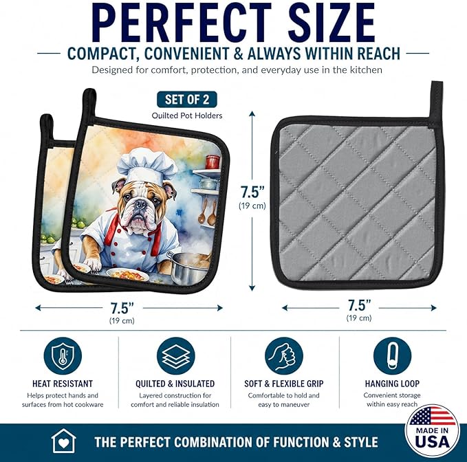 Caroline's Treasures English Bulldog The Chef Pair of Pot Holders Kitchen Heat Resistant Pot Holders Sets Oven Hot Pads for Cooking Baking BBQ, 7 1/2 x 7 1/2