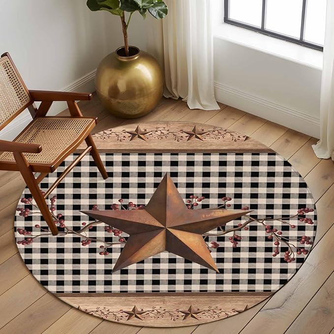 Brown Texas Star Retro 7ft Round Rug, Country Star Non-Skid Rubber Backing Large Area Rugs - Living Room Bedroom Home Office, Black White Plaid Wooden Indoor Floor Mat Carpets Washable Rug