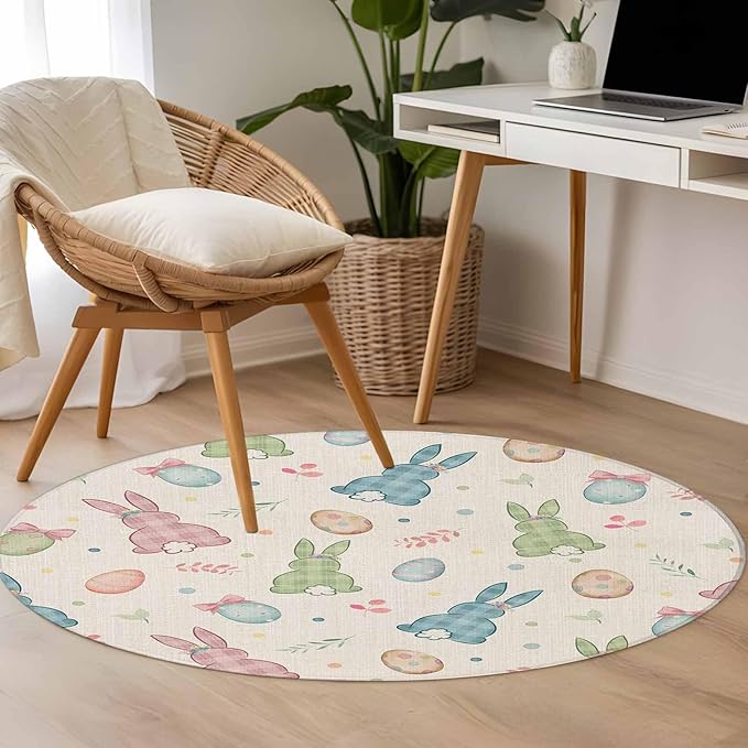 Washable Round Area Rug Happy Easter Cute Plaid Bunny Circle Rugs Floor Carpet for Living Room Bedroom, Colorful Egg Leaves Farm Linen Soft Non Slip Round Rug 4ft