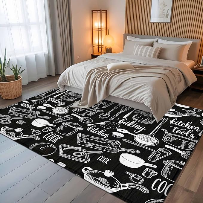 Black Kitchen Tools 5x8 Area Rugs, Modern Cooking Utensil Non-Skid Rubber Backing Large Rectangle Rugs - Living Room Bedroom Home Office, Farmhouse Cookware Indoor Floor Mat Carpets Washable Rug