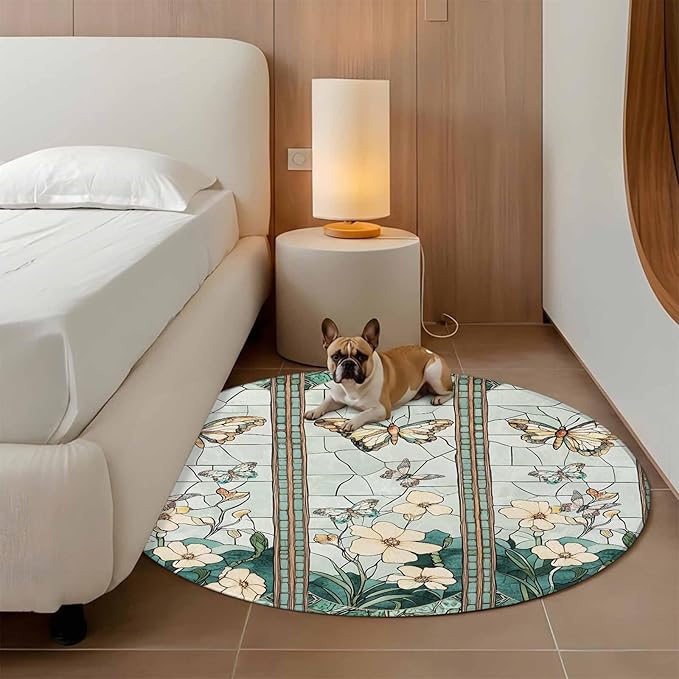 Washable Round Area Rug Spring Flower Colorful Butterfly Circle Rugs Floor Carpet for Living Room Bedroom, Vintage Green Plant Soft Non Slip Round Rug 4ft