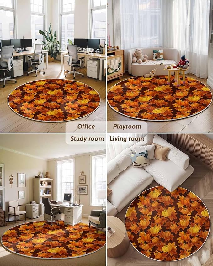 Round Area Rug,Autumn Thanksgiving Pumpkin Watercolor Circle Living Room Rug Non-Slip Rugs Indoor Carpet,Orange Maple Leaves Seamless Soft Comfort Rugs for Bedroom KidsRoom Nursery