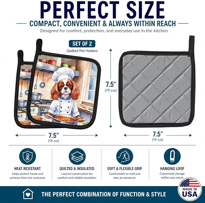 Caroline's Treasures Cavalier Spaniel The Chef Pair of Pot Holders Kitchen Heat Resistant Pot Holders Sets Oven Hot Pads for Cooking Baking BBQ, 7 1/2 x 7 1/2
