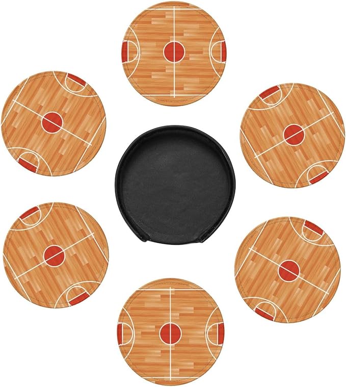 Basketball Court Leather Drinks Coasters with Holder, Set of 6, Suitable for Various Cups