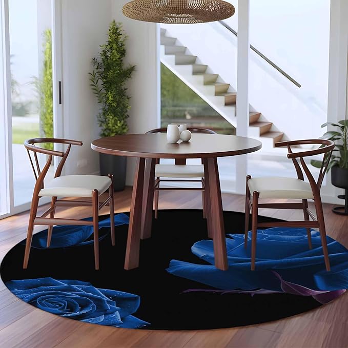 Washable Round Area Rug Abstract Garden Blue Rose Circle Rugs Floor Carpet for Living Room Bedroom, Classic Country Floral Soft Non Slip Round Rug 5ft