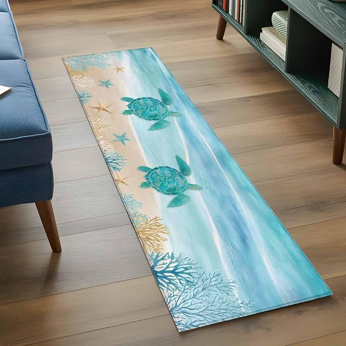 Runner Rug for Bedroom Hallway, Sea Turtle Starfish Coral Kitchen Runner Rugs Area Rug 2x6ft, Summer Seaside Ocean Life Washable Soft Floor Carpet for Entryway Stair