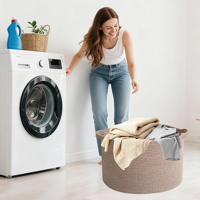 65L Large Blanket Basket,Woven Rope Laundry Basket Hamper with Handles,Decorative Nursery Basket Storage Bin for Toys, Pillows , Clothes Organizer, Living Room, Bedroom, Bathroom, Brown
