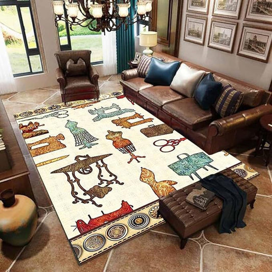 Sewing Room Themed Area Rug 3ftx5ft for Craft Room Dining Room Vintage Scissors Buttons Print Carpet for Under Table Entryway Non-Slip Sewing Machine Rug