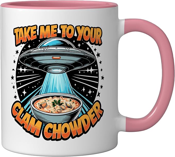 Take Me to Your Clam Chowder UFO Abduction Clam Chowder Ceramic Mug, Pink/White