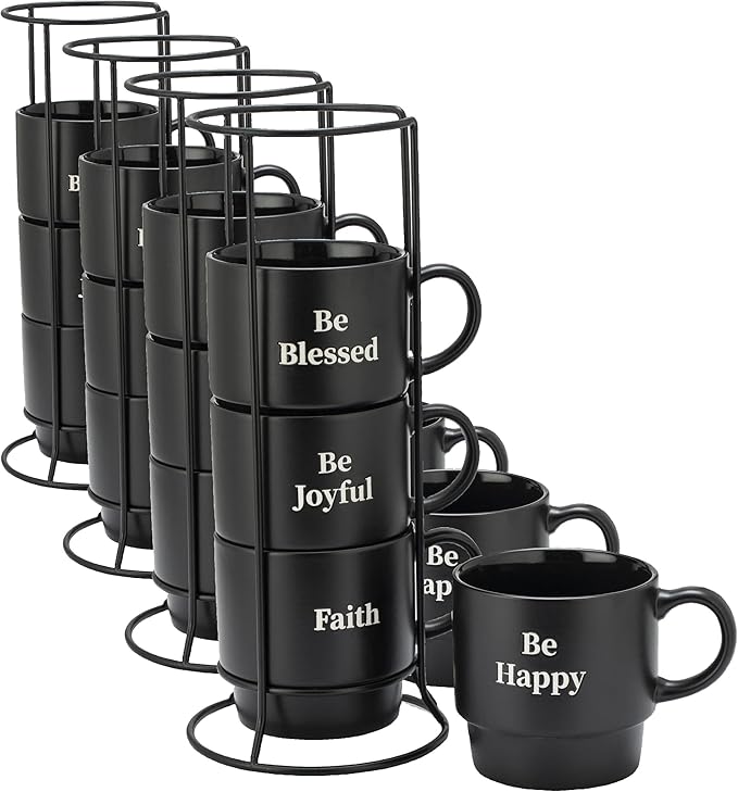 Signature Housewares Be Happy Stackable Stoneware Coffee Mug Set with Metal Rack - 15 Ounce Coffee Mugs for Coffee, Tea, Hot Chocolate, Milk, Set of 4, Matte Black (Pack of 4)