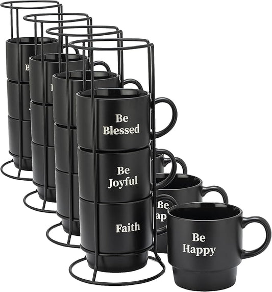 Signature Housewares Be Happy Stackable Stoneware Coffee Mug Set with Metal Rack - 15 Ounce Coffee Mugs for Coffee, Tea, Hot Chocolate, Milk, Set of 4, Matte Black (Pack of 4)