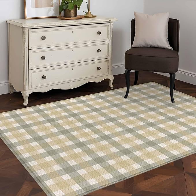 Area Rug 4x6ft, Farmhouse Vintage Beige Tan Buffalo Plaid Washable Rugs for Living Room Bedroom, Rustic Linen Soft Non-Slip Area Rugs Rectangle Floor Carpet for Dining Room