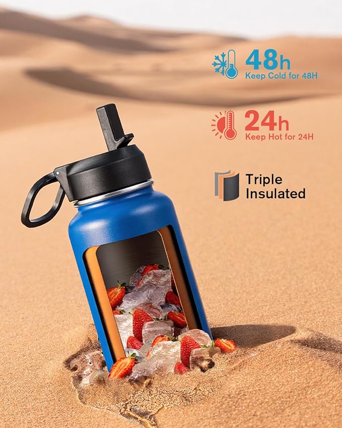 Coolflask Water Bottle 32 oz Insulated with Straw, Stainless Steel Metal 3 Lids Water Flask Wide Mouth for Sports or Office, Non-BPA Keep Cold Up to 48 Hrs or Hot Up to 24 Hrs, King's Blue