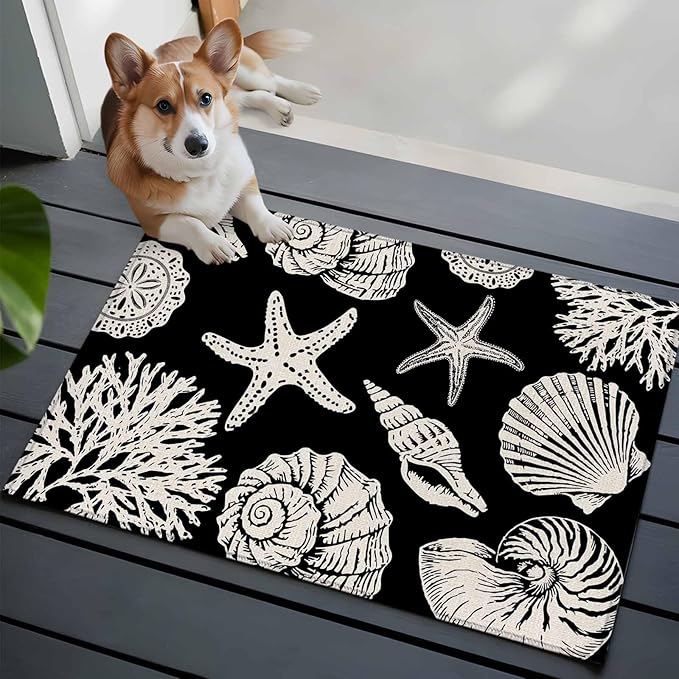 Area Rug 2x3ft, Marine Starfish Shell Conch Washable Rugs for Living Room Bedroom, Ocean Life on Black Soft Non-Slip Area Rugs Rectangle Floor Carpet for Dining Room