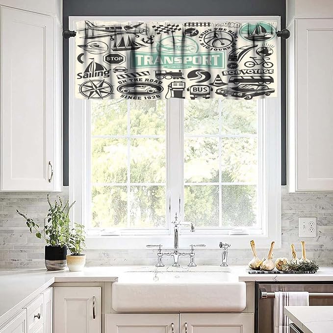 Retro Valances Curtains Garage Symbol Car Transportation Vehicle Icon Set,Design Elements of Car Logo Windows Short Curtain Valance for Kitchen Bedroom with Rod Pocket, One Panel 54X18 Inches