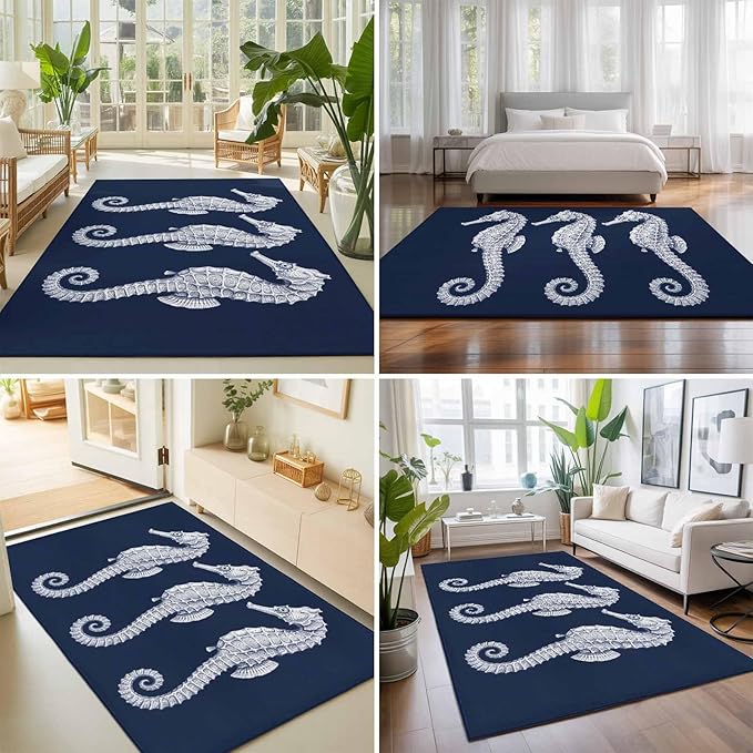 Area Rug 4x6ft, Ocean Life Seahorse Navy Blue Washable Rugs for Living Room Bedroom, Summer Nautical Theme Soft Non-Slip Area Rugs Rectangle Floor Carpet for Dining Room