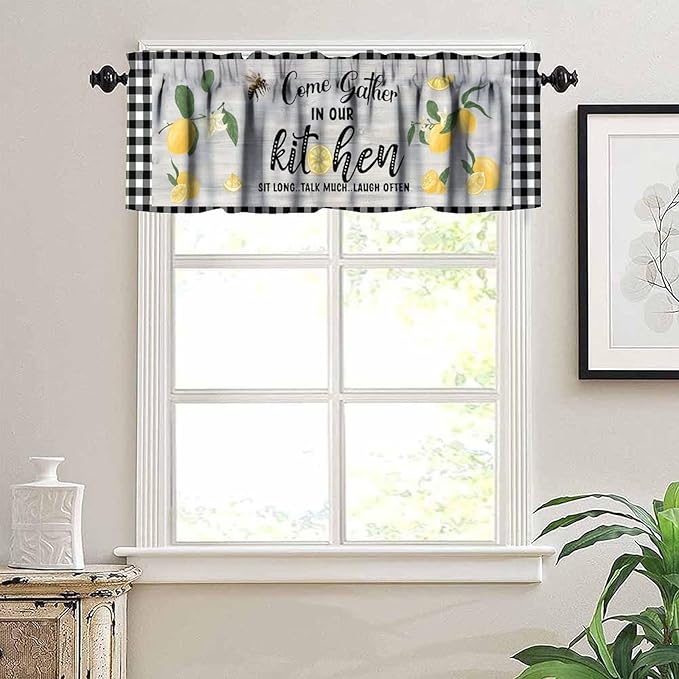 Lemon Kitchen Curtain Valance, Black White Buffalo Plaid Yellow Fruit Print Short Window Drapes for Dining Bedroom Living Room Cafe Resturant, 54x18Inch