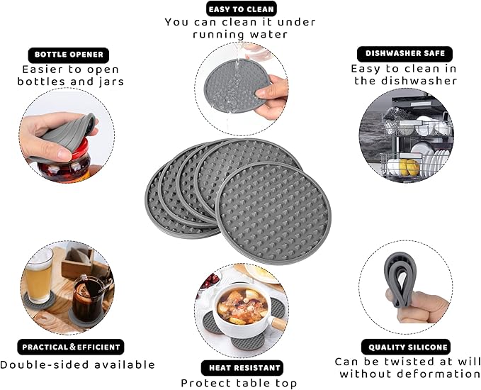 Coasters for Drinks 6 Pcs Drink Coaster with Holder,Heat Resistant Silicone Cup Mat Tabletop Protection,Non-Slip Rubber Coasters for Kinds of Cups (Grey)