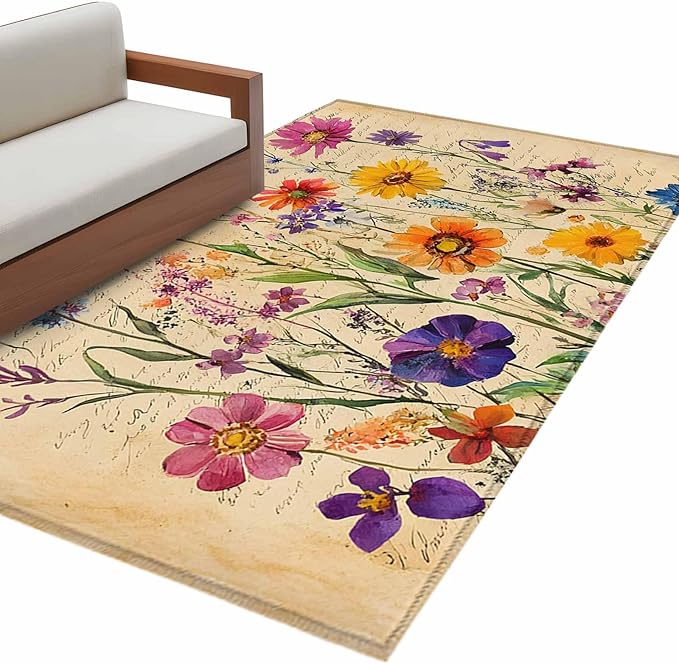 Area Rug 4x6ft, Farmhouse Colorful Small Flower Washable Rugs for Living Room Bedroom, Retro Backdrop Seamless Soft Non-Slip Area Rugs Rectangle Floor Carpet for Dining Room