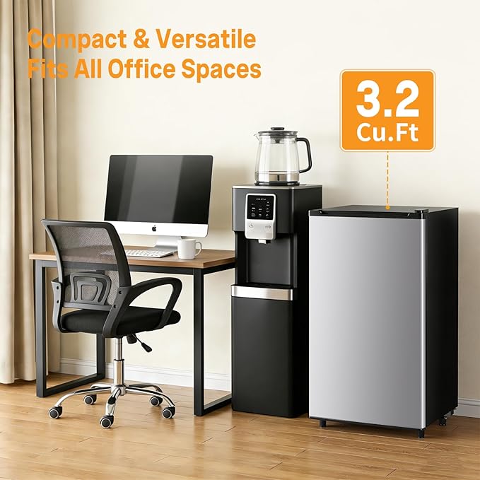 NEWBULIG Mini Fridge with Freezer 3.2 Cu.Ft Small Refrigerator for Office, Dorm, Small Fridge with Adjustable Thermostat, Energy Saving, Singel Door, Sliver