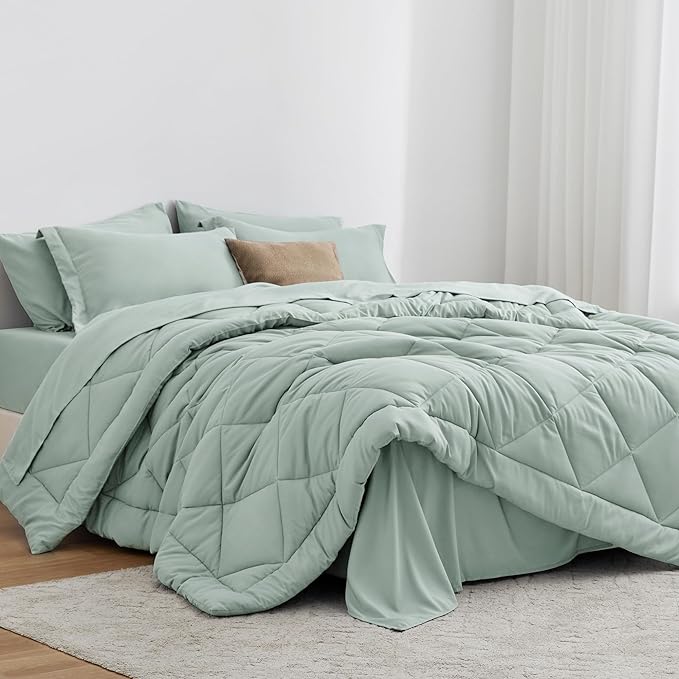 Love's cabin King Size Comforter Set Aqua, 7 Pieces King Bed in a Bag, All Season Bedding Sets with 1 Comforter, 1 Flat Sheet, 1 Fitted Sheet, 2 Pillowcase and 2 Pillow Sham | Soft, Breathable, Lightweight, Comfortable