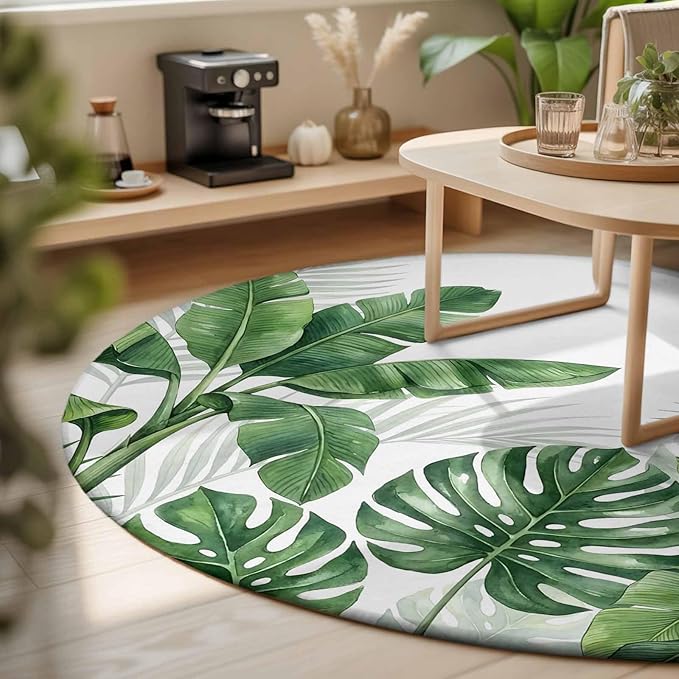 Washable Round Area Rug Watercolor Green Tropical Leaves Circle Rugs Floor Carpet for Living Room Bedroom, Botanical Palm Leaf Plants Soft Non Slip Round Rug 3ft