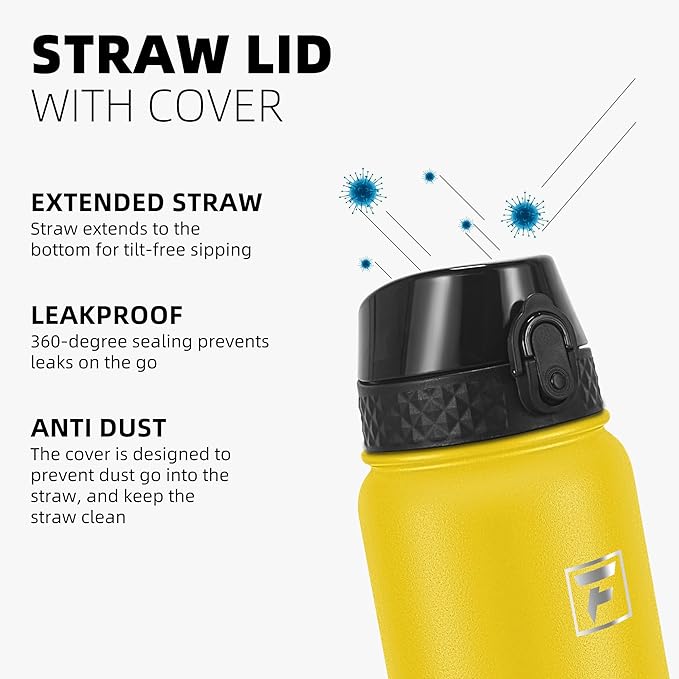Fanhaw 32 oz Insulated Stainless Steel Water Bottle with Straw Lid, Leakproof Sports Bottle for Men, Women & Teens (Yellow)