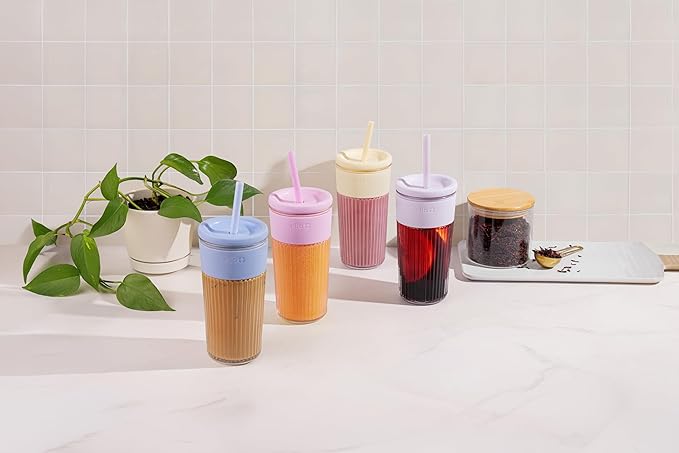Ello Ava 18oz Glass Tumbler with Straw and Lid | Premium Ribbed Glass with Silicone Grip, Car Cup Friendly, Dishwasher Safe, BPA Free | Iced Coffee, Water, Matcha, Juice Cup | Blueberry