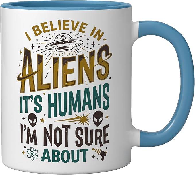 Alien Believer UFO Extraterrestrial Space Lover Ceramic Mug, Blue/White