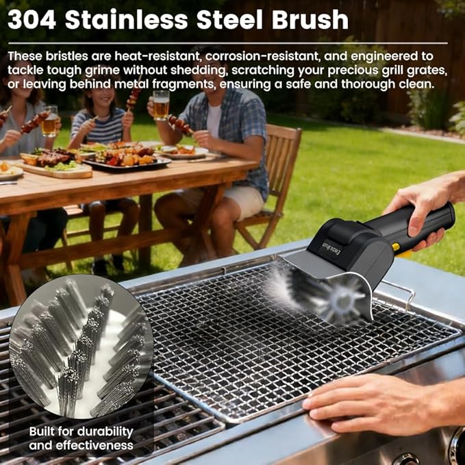 Electric Grill Brush for Outdoor Grill, 700–800 RPM Stainless Steel Bristles, 304 Removable Brush Head, Cordless & Type-C Rechargeable Grill Cleaning Tool for Outdoor BBQ, Griddles and Grates