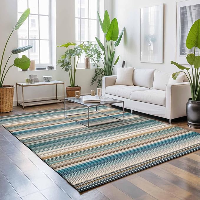 Area Rug 8x10ft, Minimalist Vertical Stripes Washable Rugs for Living Room Bedroom, Retro Boho Lines Soft Non-Slip Area Rugs Rectangle Floor Carpet for Dining Room